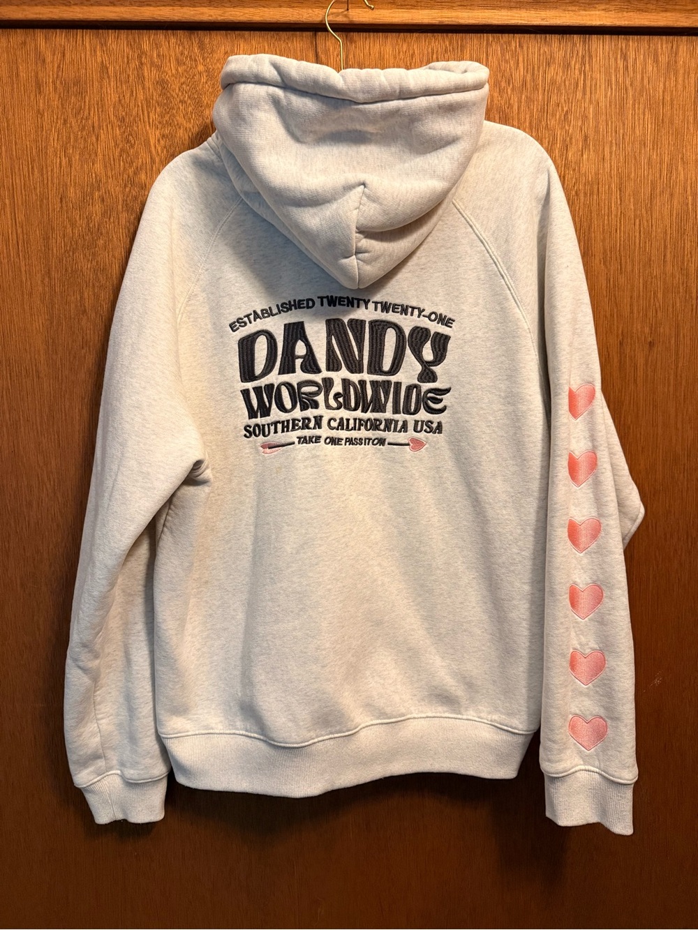 Dandy Worldwide Heather Gray Pink Heart Sleeve Embroidered Hoodie Medium